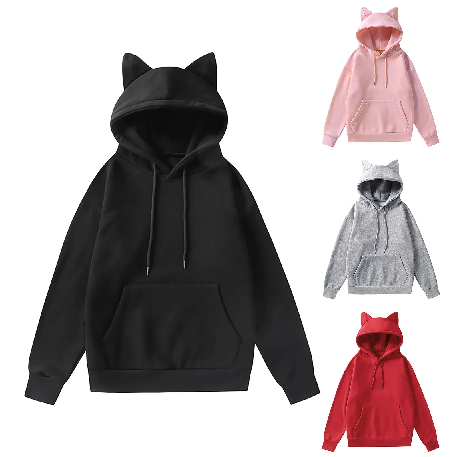 Süße Mädchen Fleece Sweatshirts Katzen ohren Design Kapuze lässig übergroßen Hoodie koreanischen Stil einfarbigen Basic-Pullover mit Tasche