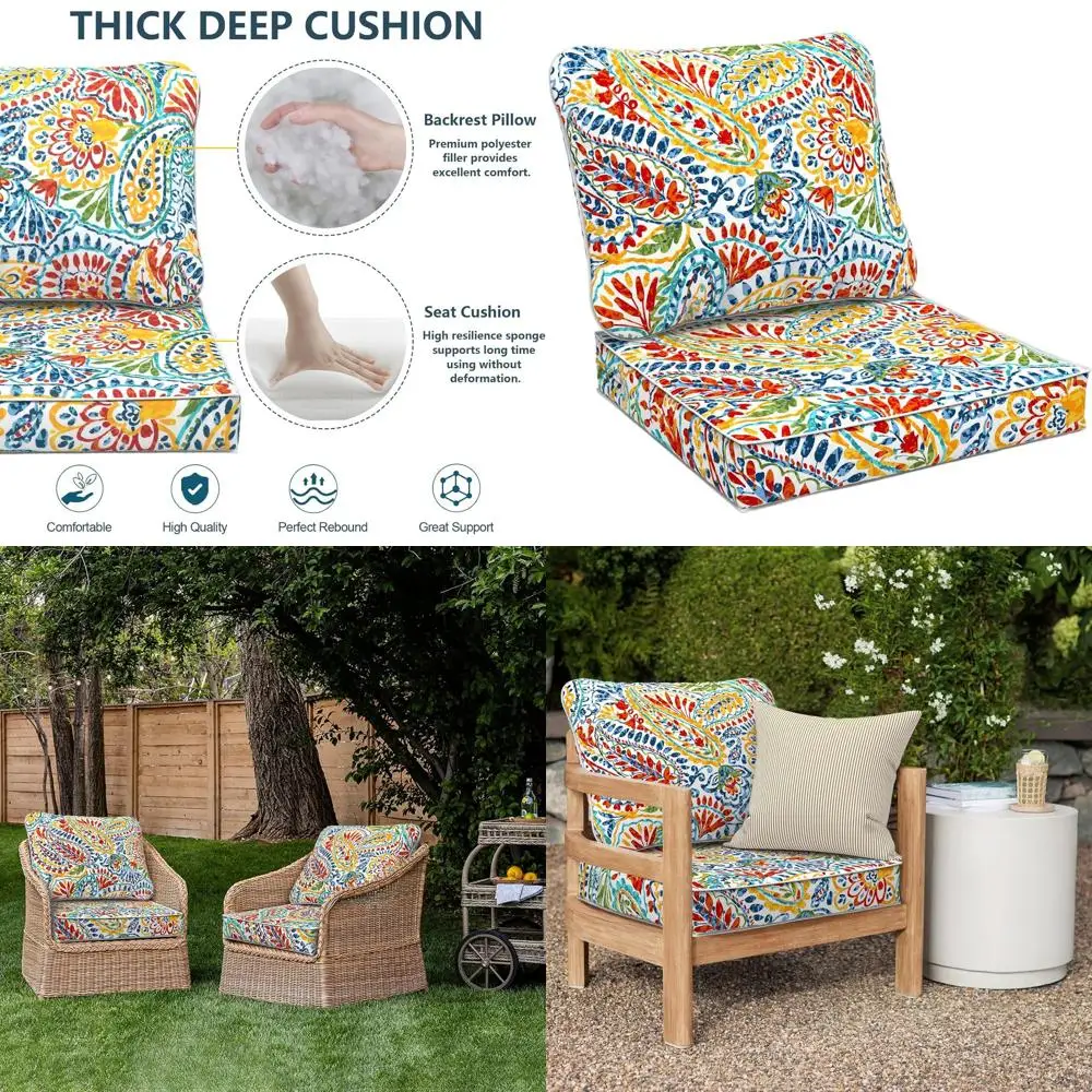 

Patio Deep Seat Cushions 24 x 24, Water-Resistant for Outdoor Furniture, Paisley Multicolored Seat & Back Pillows