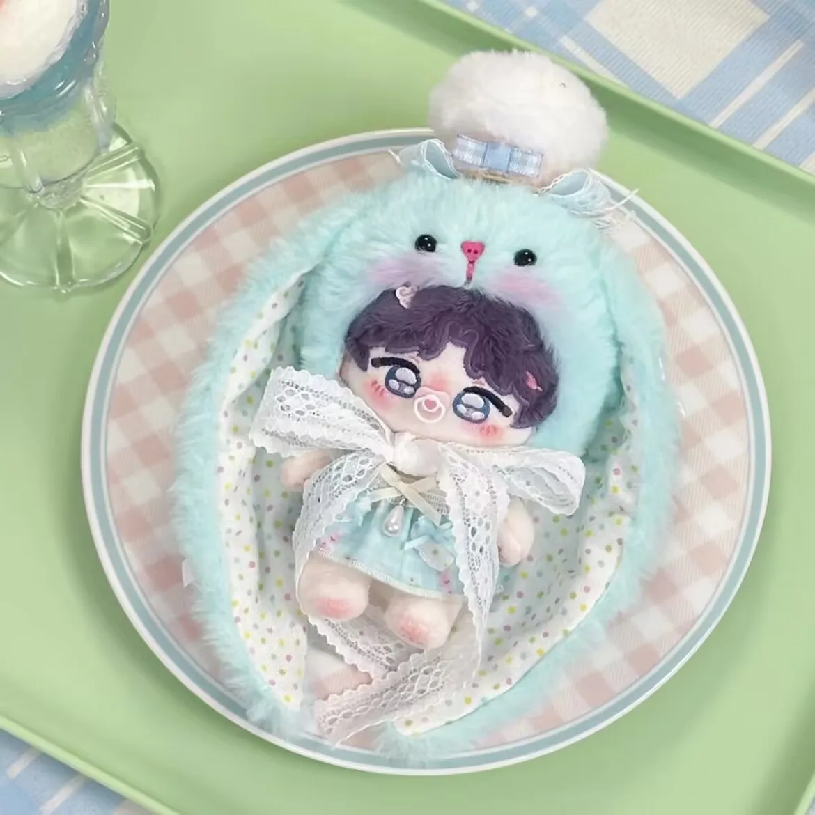 10cm 아기 옷 면 인형 '긴 귀 토끼 모자' 세트 아기 옷, 귀여운 플러시 인형 의상 교체용