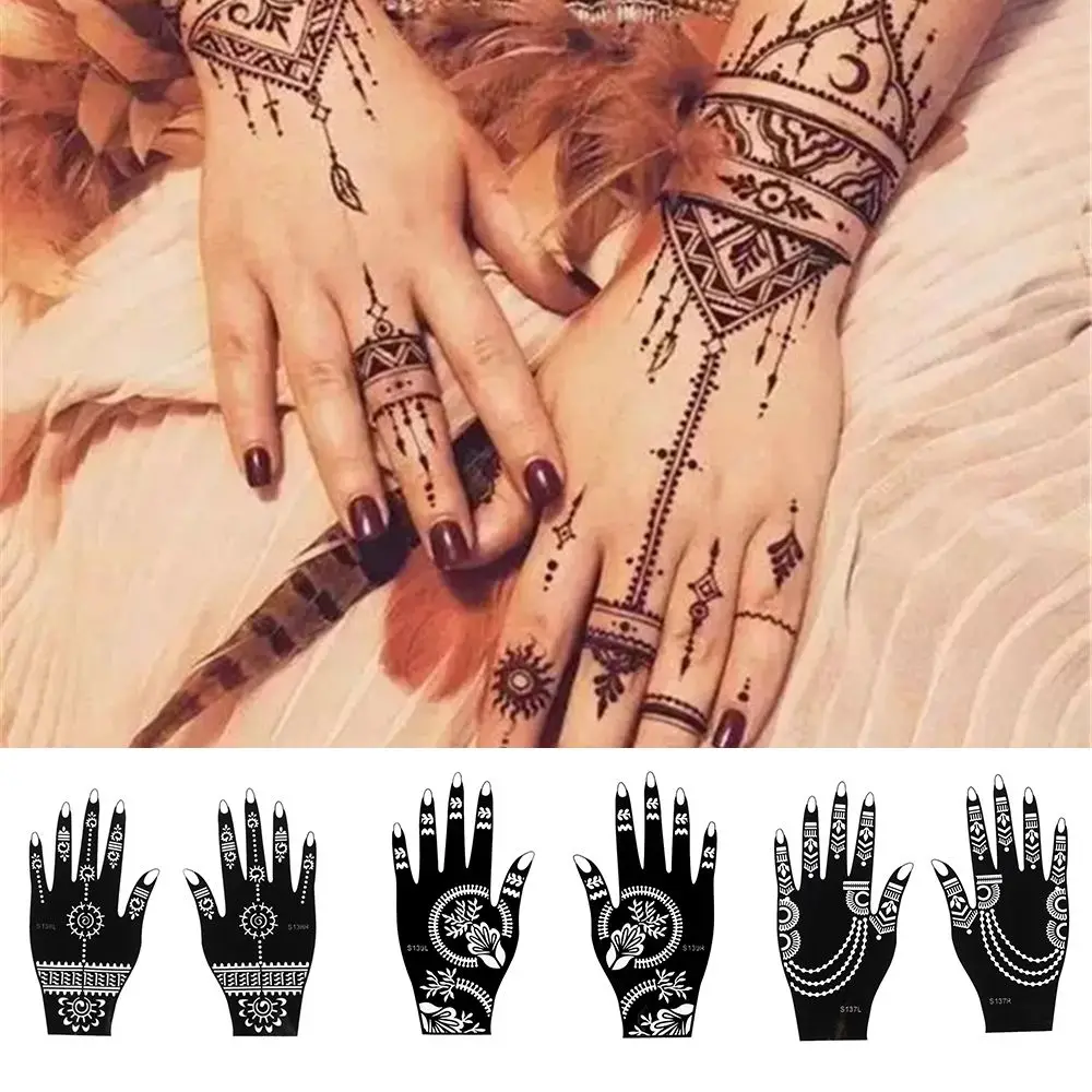 Stensil tato Henna untuk tangan, 1 pasang tato tangan sementara, templat stiker seni tubuh, alat Kit Henna untuk lukisan pernikahan India