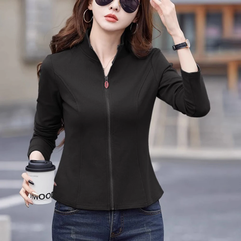 T-shirt in cotone a maniche lunghe per la moda primaverile e autunnale da donna versione coreana colletto rialzato cardigan allentato con cerniera casual