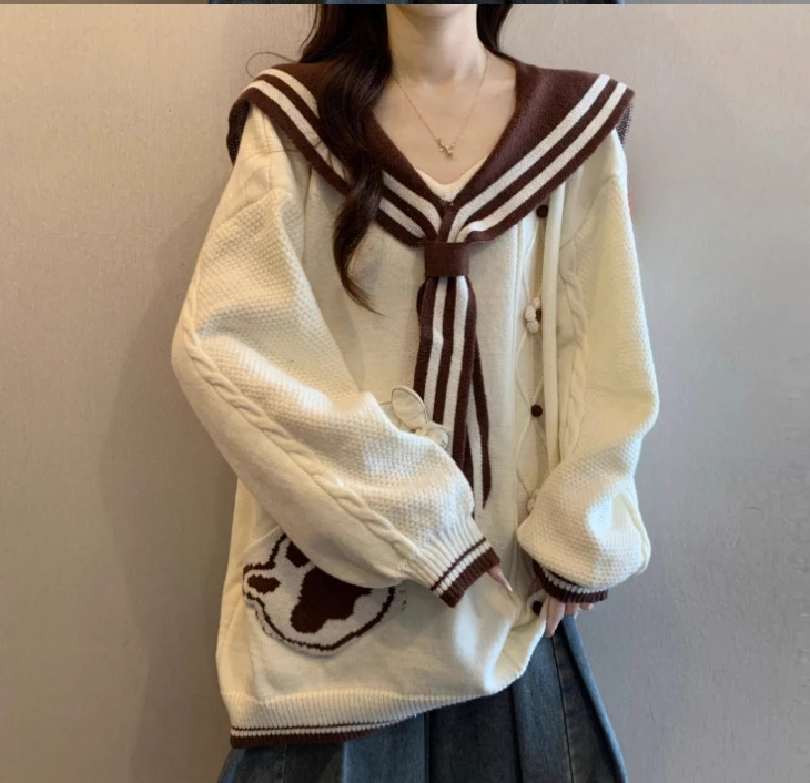 جديد كبير الحجم الخريف الحلو البحرية طوق طويلة الأكمام محبوك أعلى الحد من العمر كلية فضفاضة تنوعا اليابانية سترة المرأة