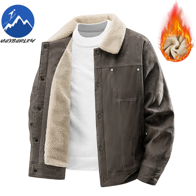 Winter Fleece Jacket Men Comfort Camping Cold Proof Padded Coats Fur Collar Single Row Button Wrinkle Resistant Lightweight Coat