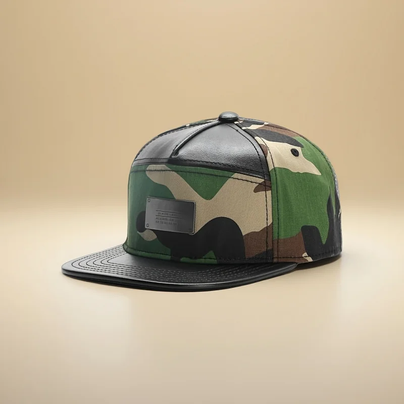 Adjustable Camouflage Flat Brim Leather Hat Urban Outdoor Streetwear Hip Hop Durable Unisex Sports Beach Basketball Camo Cap