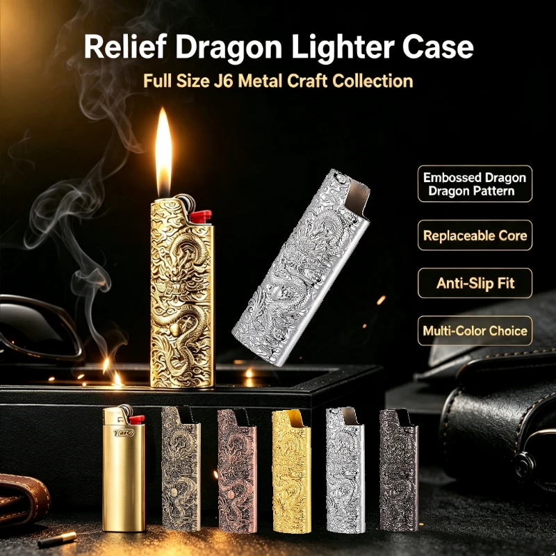 3D Embossed Dragon Metal Lighter Case Compatible with BIC J6 Lighter Decorative Armor Holder Smoking Accessory Gift for Men