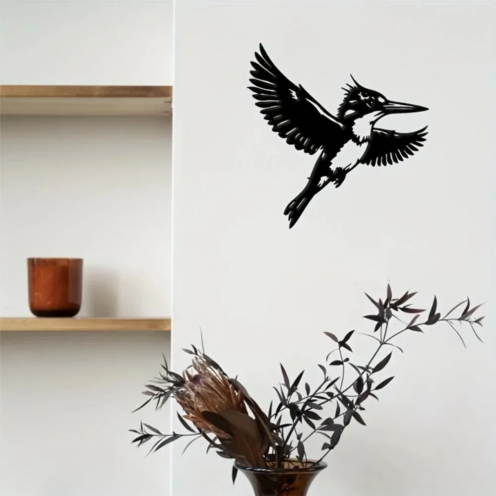 Black Kingfisher Metal Wall Art, Flying Bird Iron Sculpture Outdoor Decor for Home Office Bar