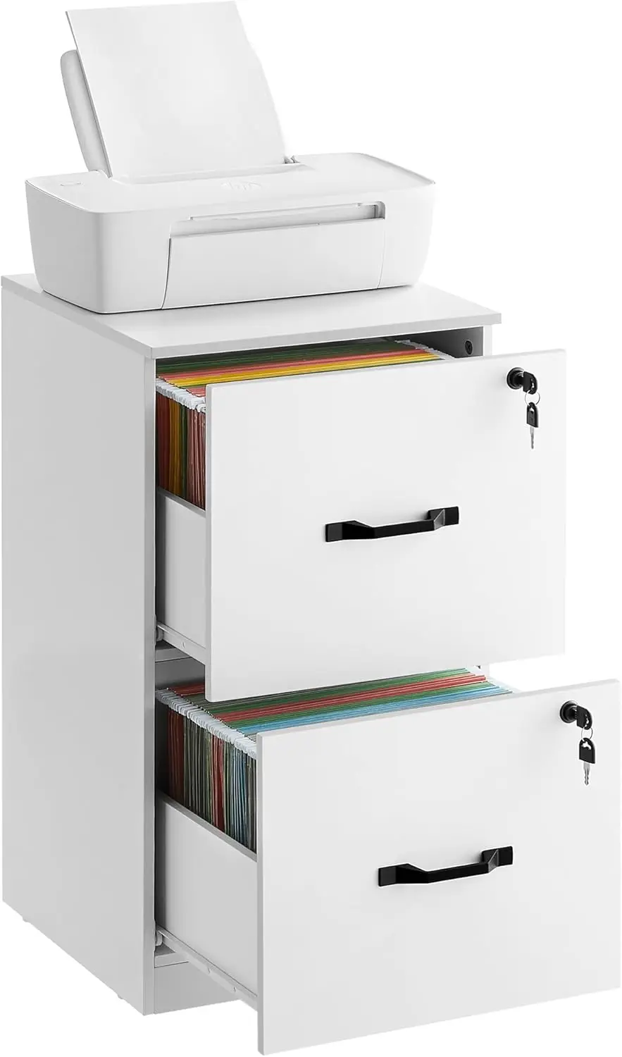 

2-Drawer Locking File Cabinet with Printer Stand, Office Organizer for A4 and Letter Documents, Cloud White