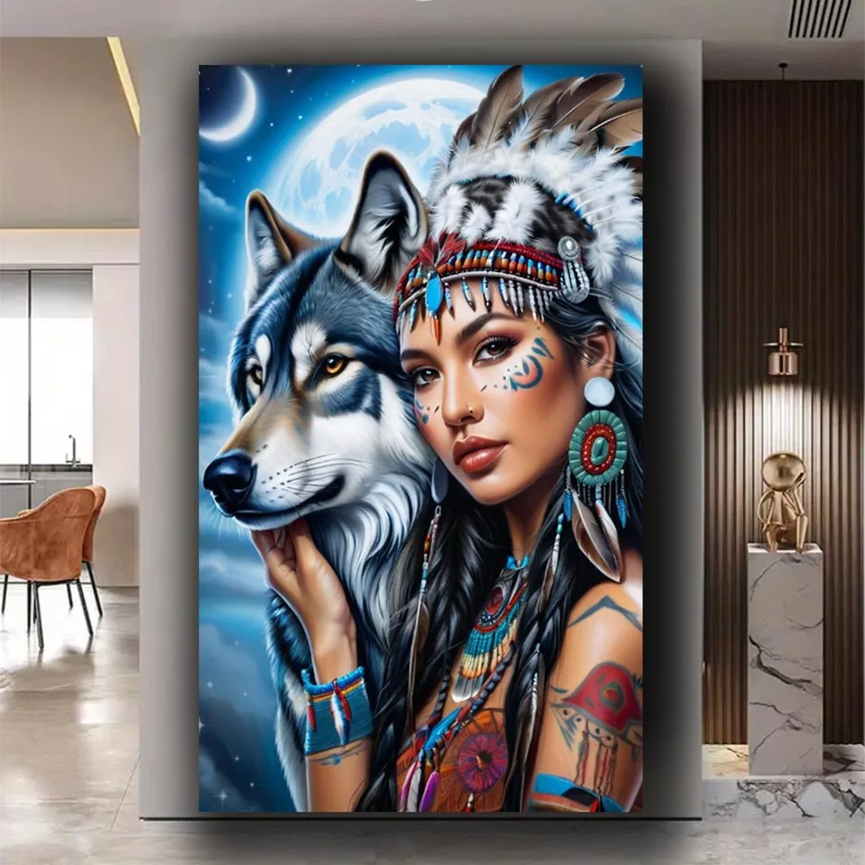 

Алмазная картина, головной убор в стиле племени с волком и перьями, полная алмазная вышивка своими руками, мозаичный домашний декор, вышивка крестиком, подарок на Хэллоуин