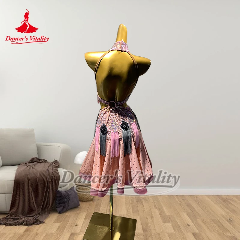 Teenagers Samba Pink Sleeveless Tassels Clothing Dancer's Vitality Latin Dance AB Stones Perform&Contest Outfit Advanced Custom