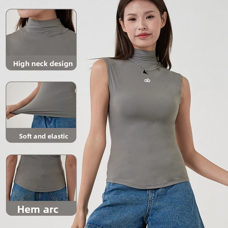 Women High Neck Sleeveles Double Layer Tank Top Slim Stretch Solid Basic Vest Soft Cloud Fabric Yoga Fitness Streetwear Crop Top