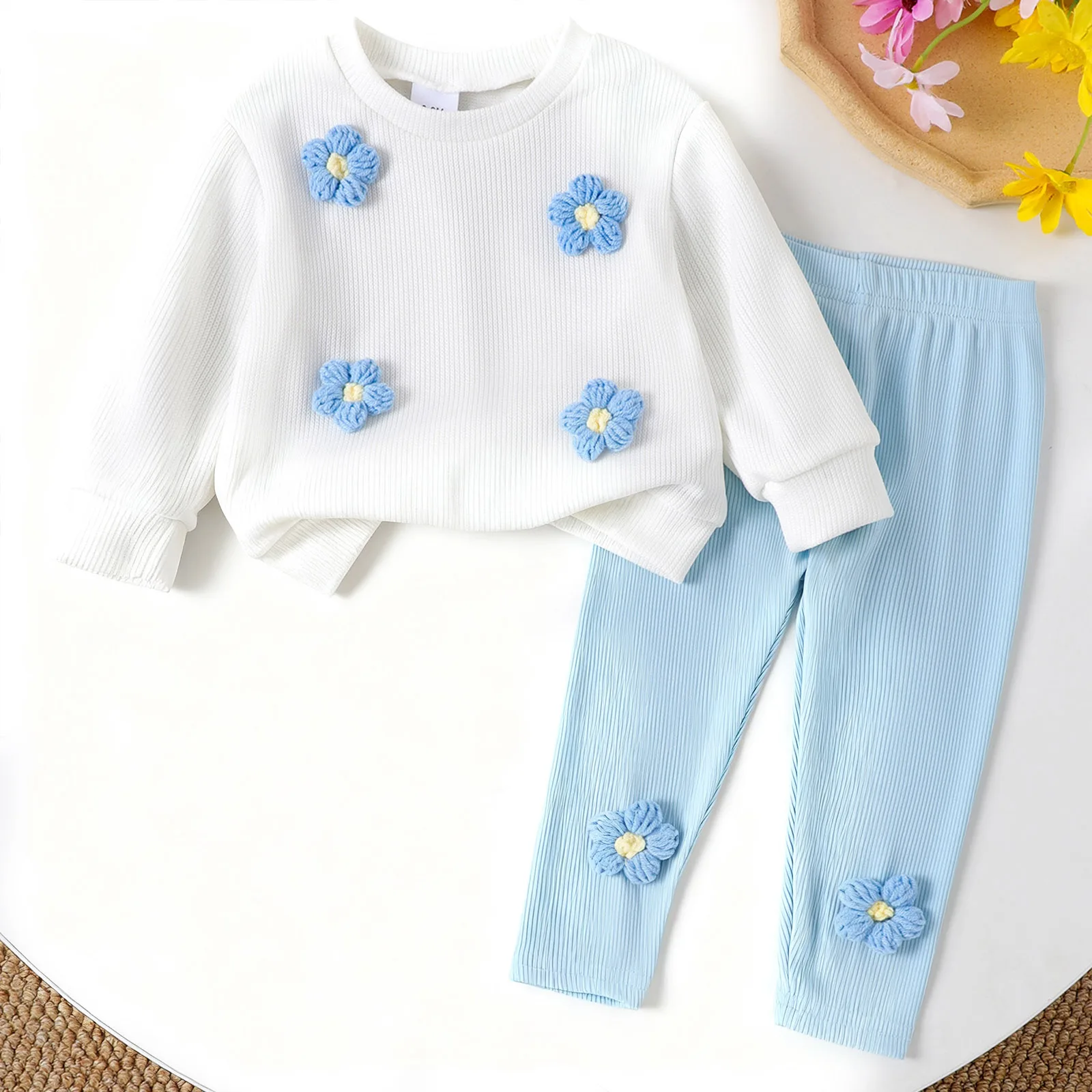 

Matching Baby Gear Baby Girl Floral Embroidered Set White Weave Long Sleeve Top Light Blue Pants Fall Two Piece Set Girl 8