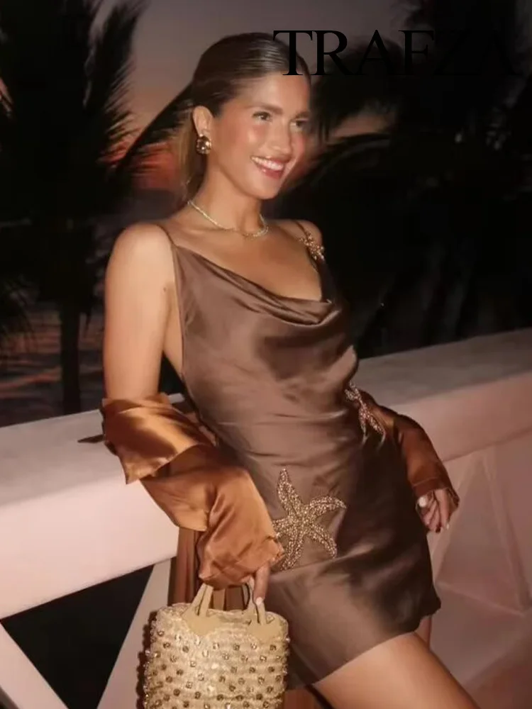 

TRAFZA Women Summer V-Neck Backless Embroidered Mini Sleeveless Dress Female Sexy Elegant Side Zipper Evening Party Sling Dress