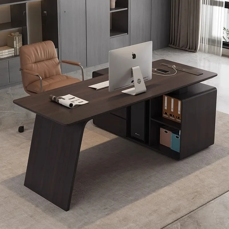 Escritorio minimalista italiano, estilo retro de lujo ligero, color ahumado, madera maciza con cómoda, escritorio para computadora, combinación de escritorio y silla