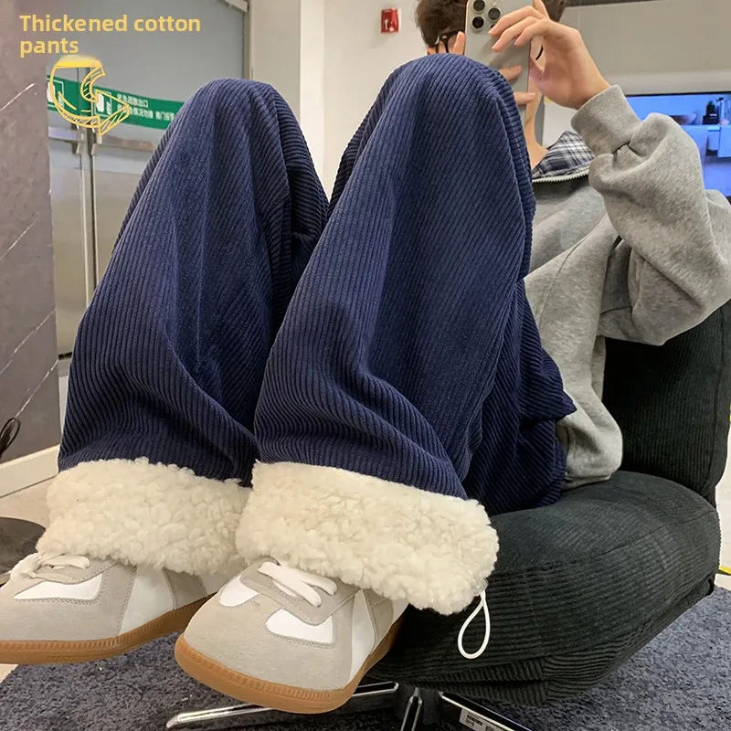 

Men's Thickened Fleece Lined Casual Corduroy Pants Winter Warm Straight Leg Long Trousers Youthful Style Polyester Fiber