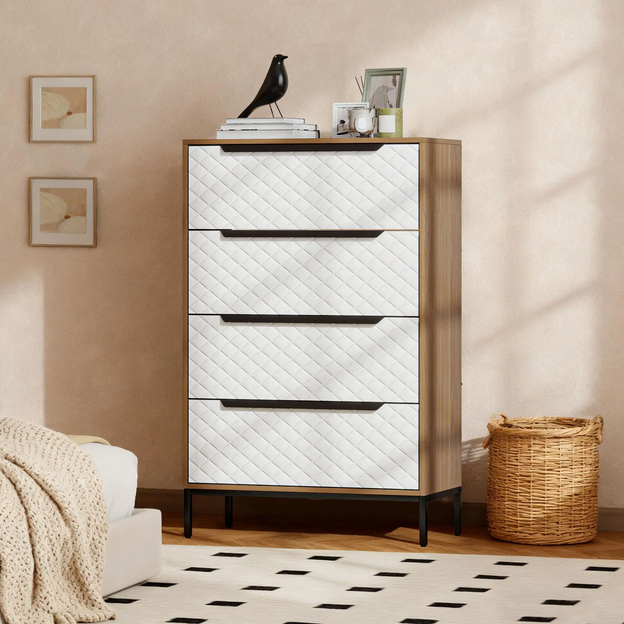 Commode à 4 compartiments en tissu, MDF, naturel/blanc, 59,5x30x92,5 cm, avec dispositif anti-basculement