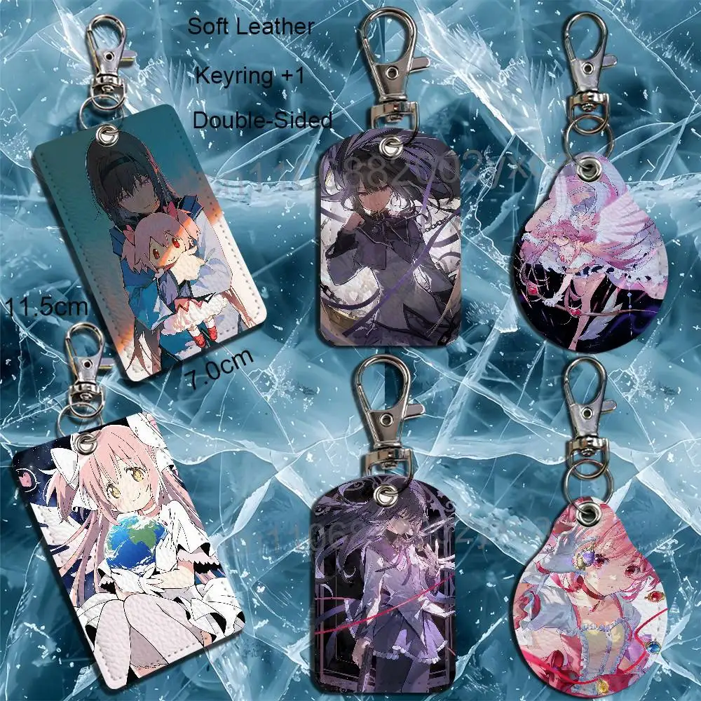 Homura Akemi Walpurgisnatch Madoka Magica Rectangle ID Case Keychain Access Card Bag Key Tag Ring Leather Card Holder Key Ring