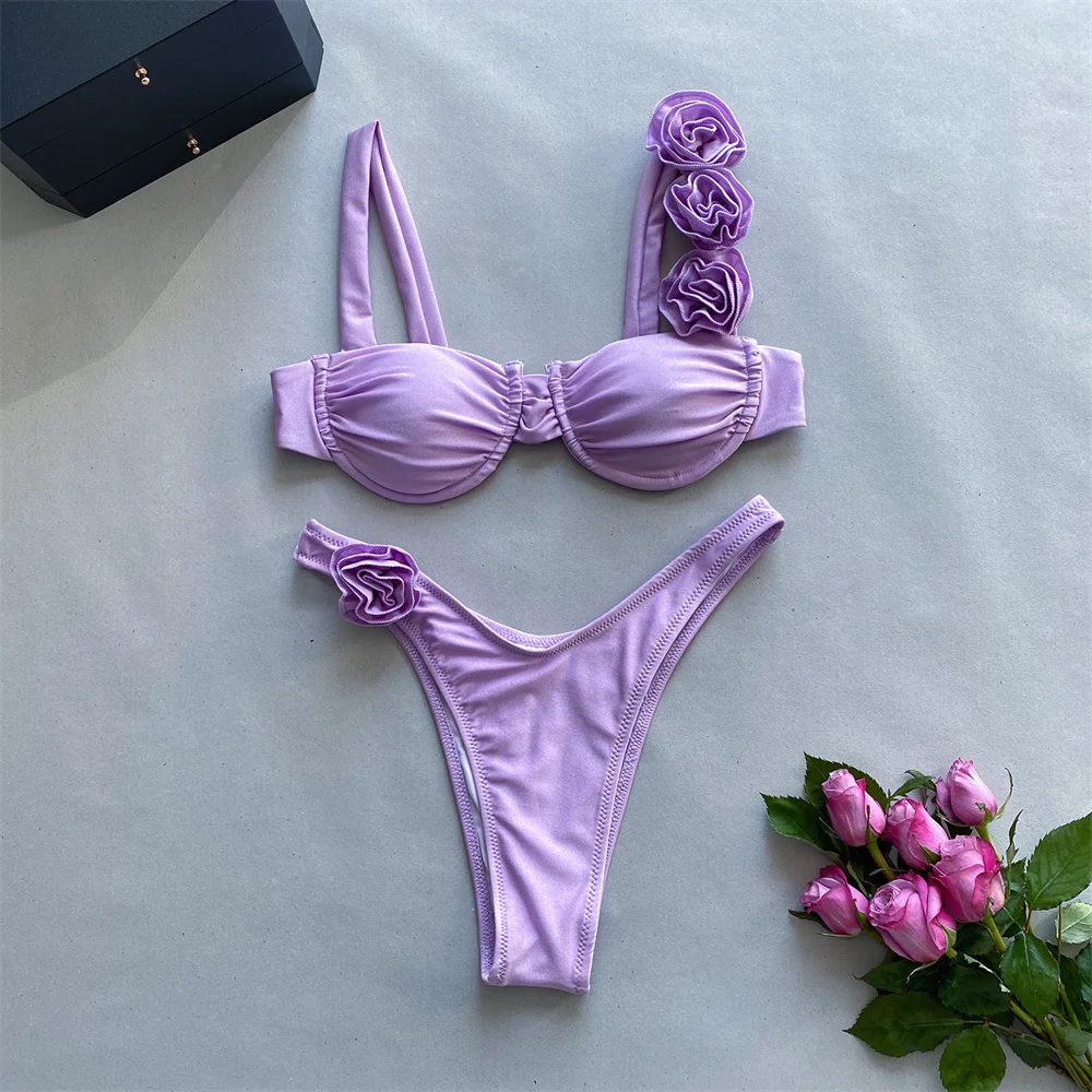 Maillot de bain brésilien sexy pour femmes, bikini, ensemble deux pièces, plissé à fleurs 3D, modèle floral, 2024