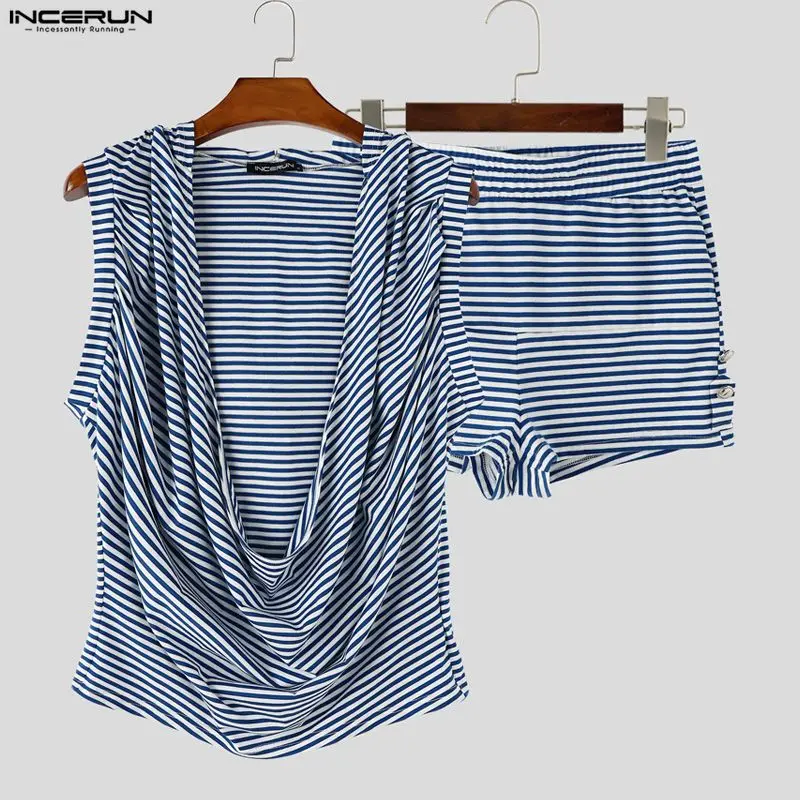 INCERUN Men Striped Sets Summer Hooded Sleeveless Tank Tops Shorts Two Piece Sets Streetwear 2026 Loose Casual Men Matching Sets