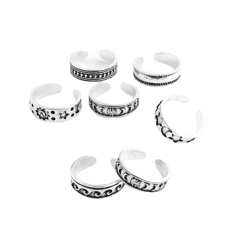 Bohemia Foot Ring Set, Jóias Vintage, Abre Ondas Da Lua, Anéis De Toe Do Sol, 7 Pc Set