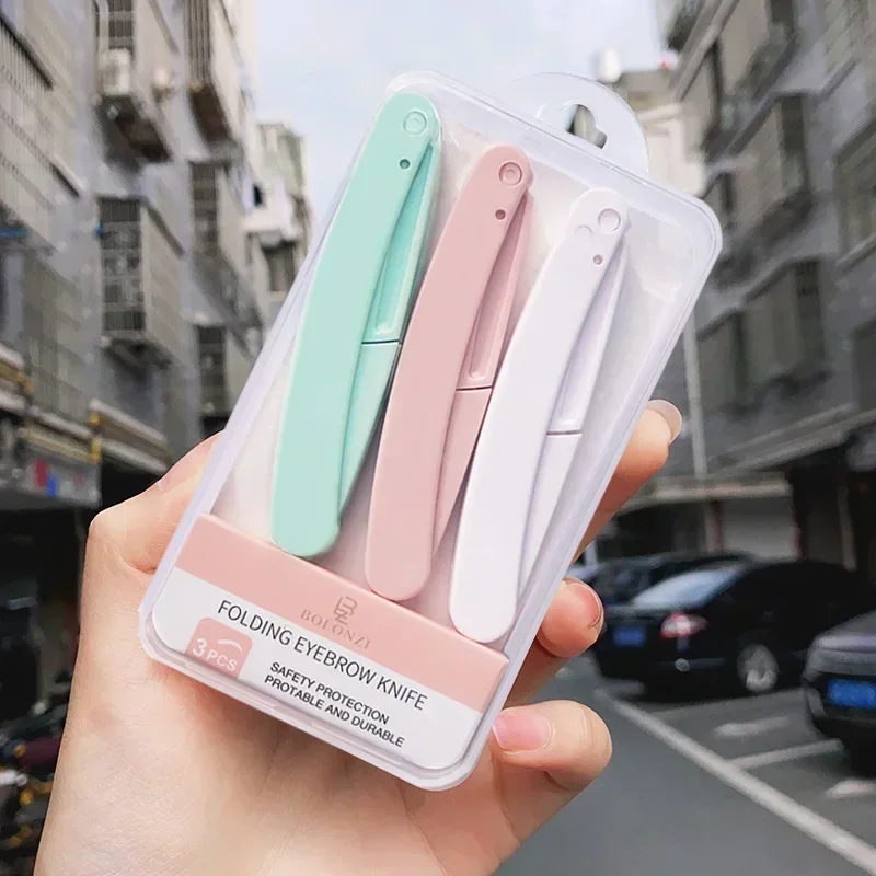 Ladies Safe Folding Eyebrow Trimmer Set 3pcs Anti Scratch Razor Face Shaver with Replaceable Blades Makeup Tools for Beginners