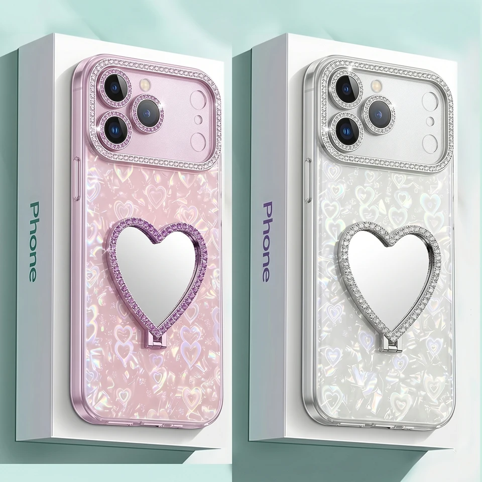 Funda de Lujo con Espejo de Corazón para iPhone 17 Air 14 15 16 11 12 13 Pro Max Plus, Protector de Cámara 3D con Diamantes, Antigolpes