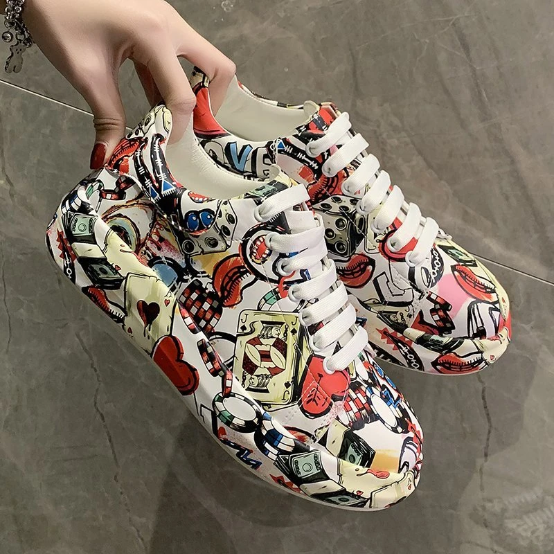 Thick-soled Increased Women\'s Sports Shoes Women 2023 New Women\'s Hand-painted Graffiti White Shoes Outdoor Casual Shoes