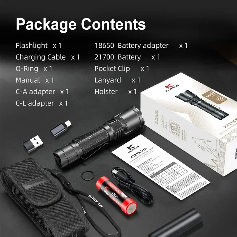 KLARUS XT21X Pro Tactical Flashlight 4400Lumens Micro-USB Rechargeabl Troch Lantern With 18650 5000mAh Battery