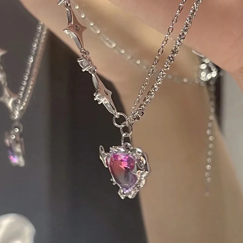 Y2K Purple Crystal Heart Pendant Necklace Women Light Luxury Egirl Punk Grunge Clavicle Chain Fashion Jewelry Party Gifts