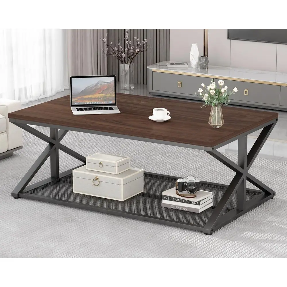 Industrial-Style Walnut 2-Tier Coffee Table with Mesh Shelf, 47 Rectangle, Storage Space for Living Room