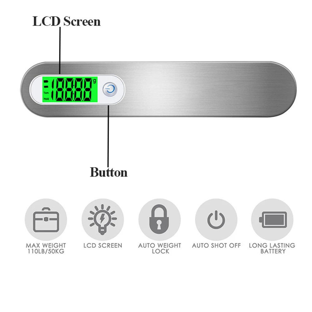 ポータブルデジタルラゲッジスケール、LCD電子体重計、旅行用ハンギングベルトスケール、スーツケース、手荷物、50kg、110ポンド