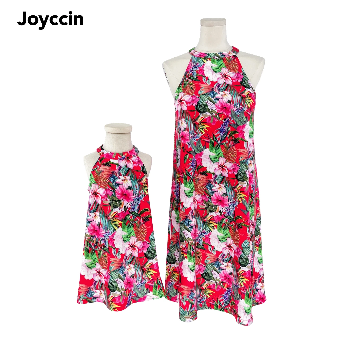 

Joyccin Family Matching Outfits Floral Print Sleeveless A-Line Dress Summer Women Girl Bow Back Party Dress