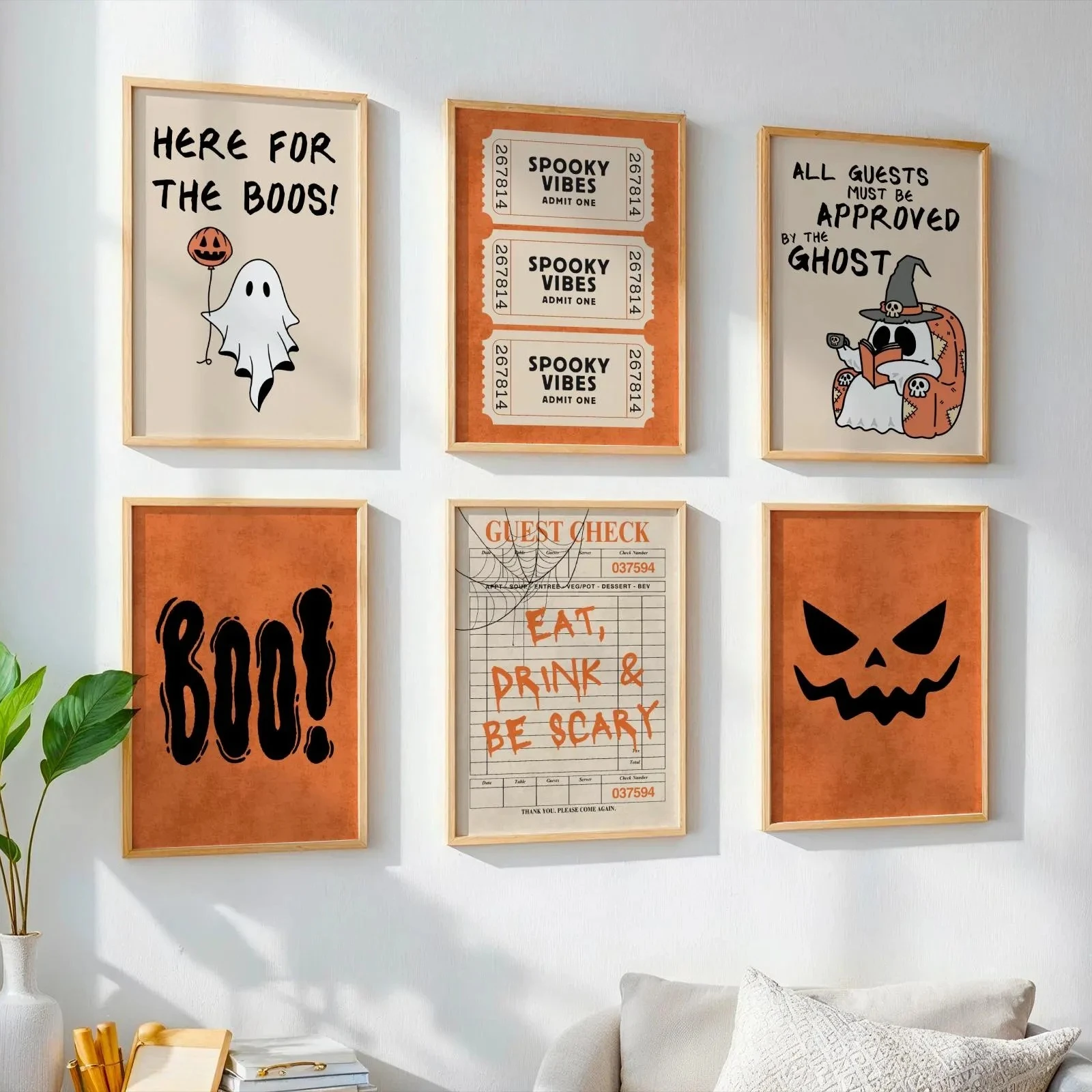 3pcs/set Cute Ghost Wear Witch Hat & Read Book Canvas Print Halloween Boo Evil Face Wall Art Poster for Modern Autumn Home Decor