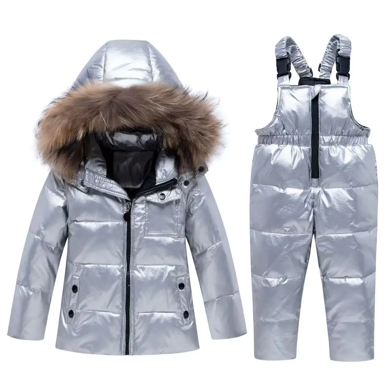 

Children's Down Jacket Set Boys and Girls Big Fur Collar Thick Down Shoulder Pants for Infants and Young Children Two-piece Set