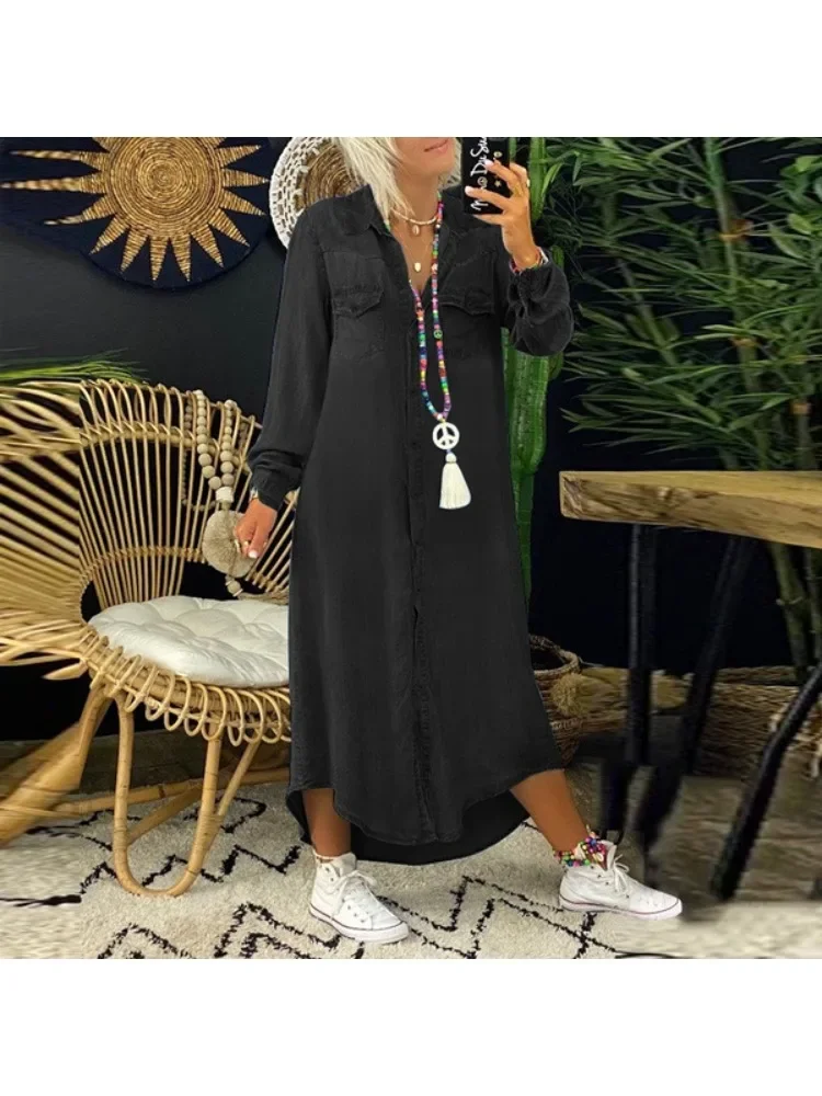 Vestido Material Denim feminino, gola de camisa, moda casual, S-5XL Size