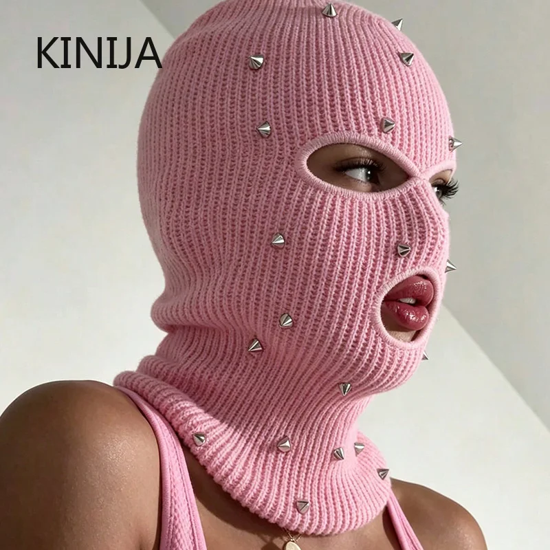Y2K Knitted Hooded Face Cover Encrusted Halloween Cosplay Balaclava Outdoor Spicy Girls Pullover Hat Windproof  Ski Mask