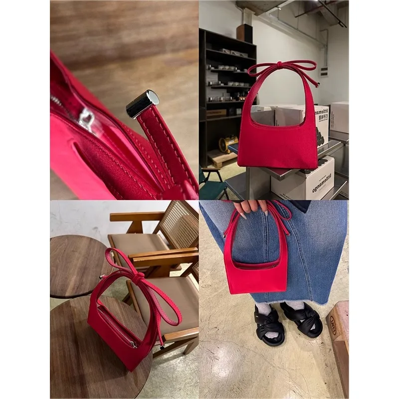 Bow Knot Handheld Red Shoulder Bag For Women New Korean Style Lightweight Cute Outgoing to Work Small Carrying Bag Underarm Bag