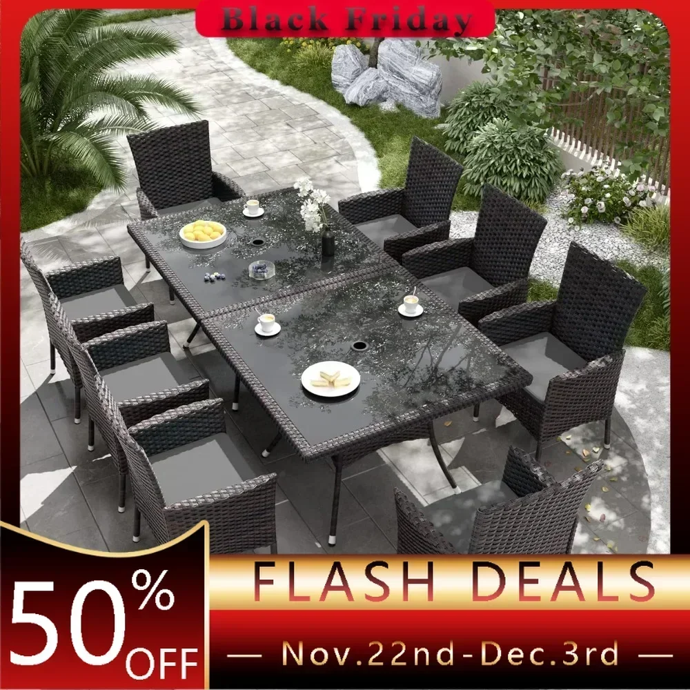 Ensemble de meubles de terrasse, comprenant 8 chaises rembourrées et 2 tables carrées avec chaises d'extérieur grises creuses en forme de parapluie