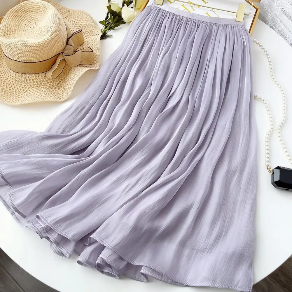 

Women Skirt Elegant A-line Pleated Maxi Skirt for Women Versatile Solid Color Elastic Waistband Mid-rise Design for Parties