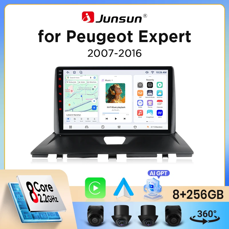 Autoradio Junsun sans fil CarPlay Android Auto pour Peugeot Expert Mk2 (G9) 2007-2016 avec ventilateur de refroidissement intégré, navigation GPS Android, lecteur multimédia, WiFi, DSP, RDS, BT, SWC,