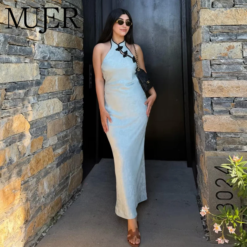 chinese halter dress MUJER Jacquard Maxi Woman off Shoulder Party Dresses for Women Knot Long Dress Woman Summer Backless Dress burgundy-prom-dresses