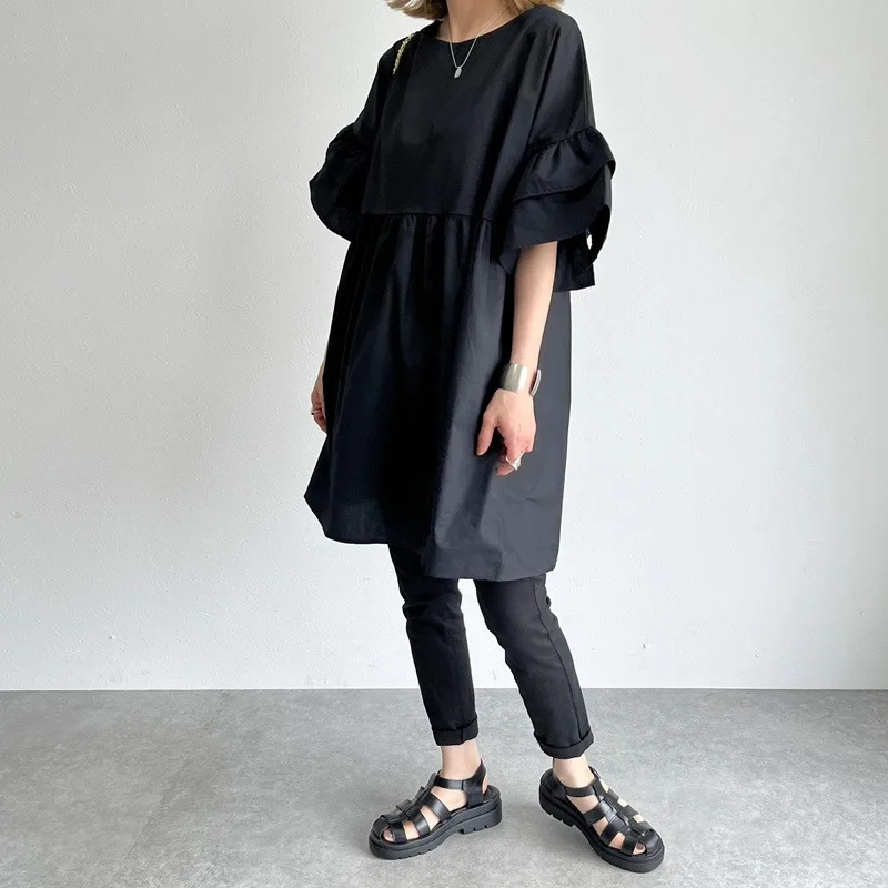 Double Layer Ruffles Short Sleeve Shirt Dress Solid Loose Casual Mini Robe Femme Elegant Patchwork Japanese O-neck Vestidos