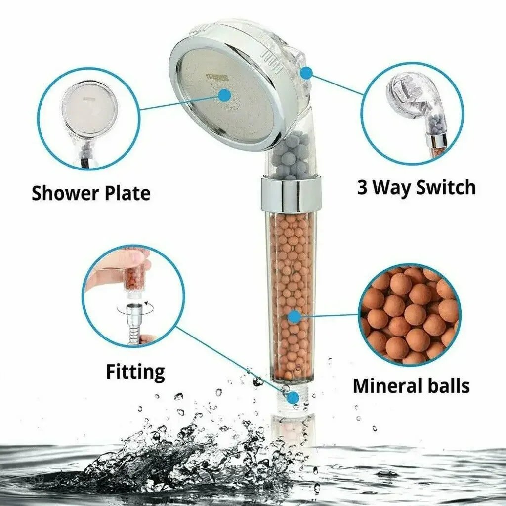 Turbo Shower Head High pressure Handheld SPA Spray Water Saving 3 Filters Bath