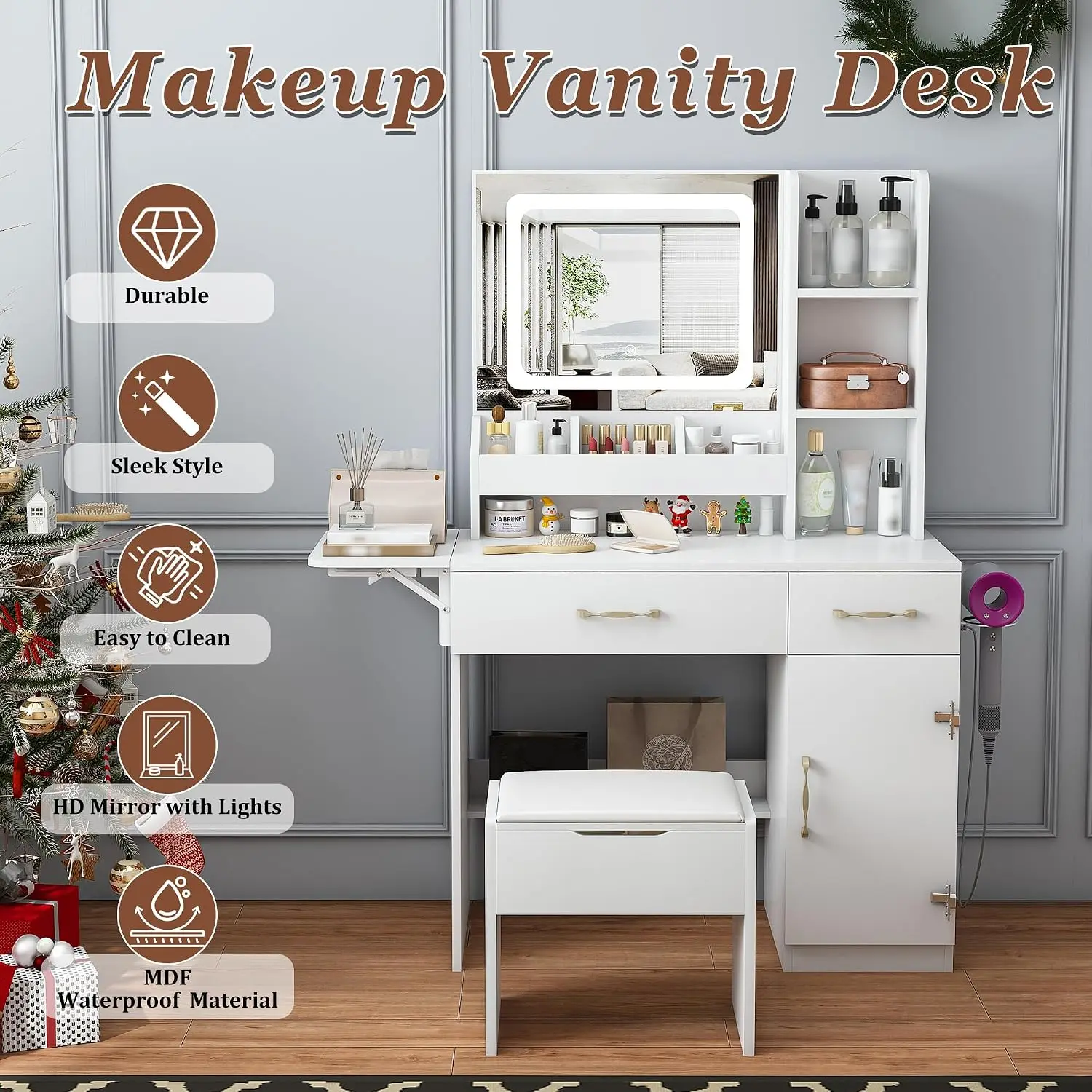 Vanity Desk with LED Mirror Lights and Power Outlet Charging Station, Makeup Dressing Table with 3 Drawers, 7 Shelves and Storag