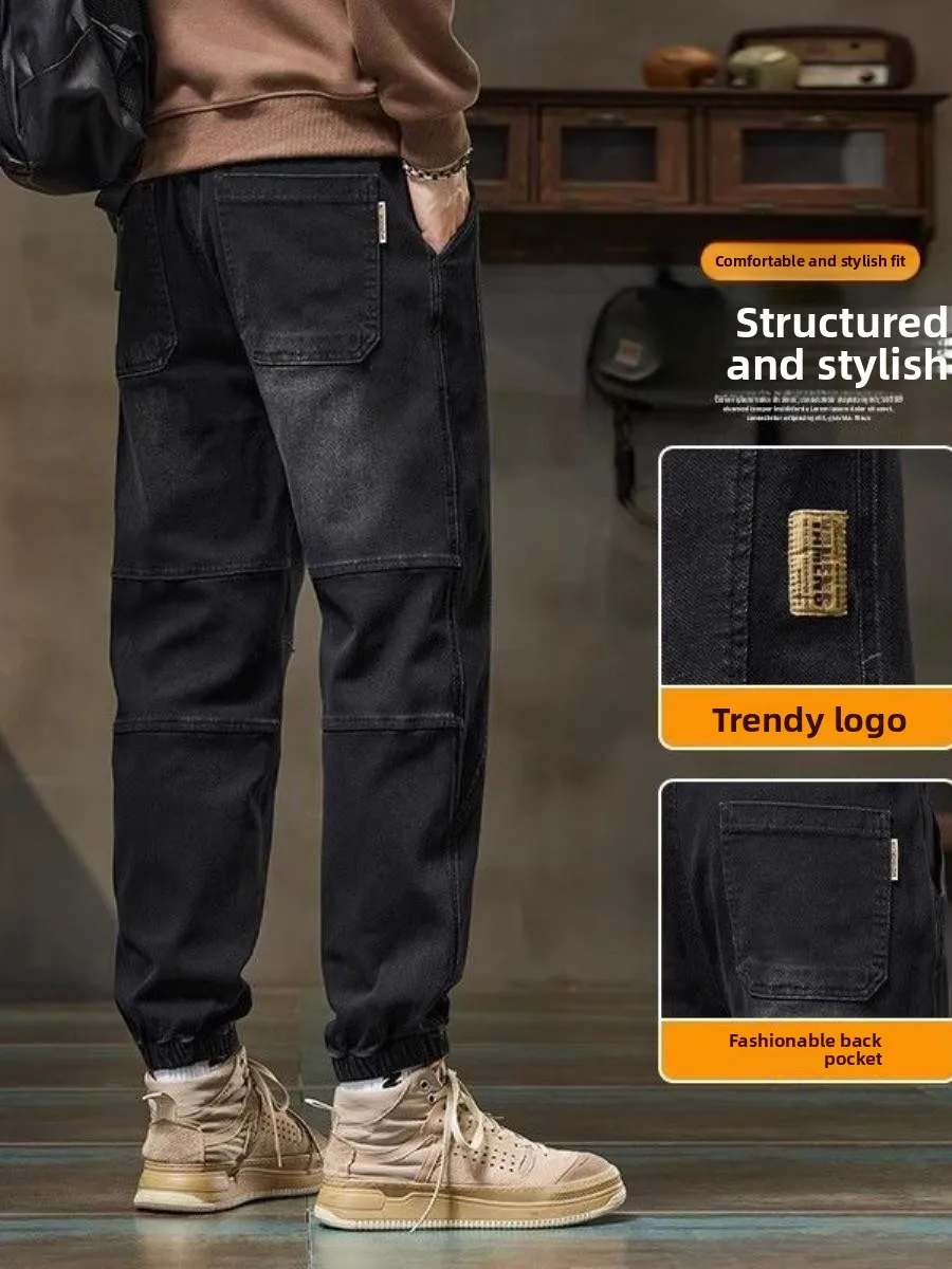 

Мужские джинсы в стиле ретро, весна 2026: модные, универсальные, свободные, с декоративными вставками, длинные брюки-харланы с отворотами, повседневная одежда