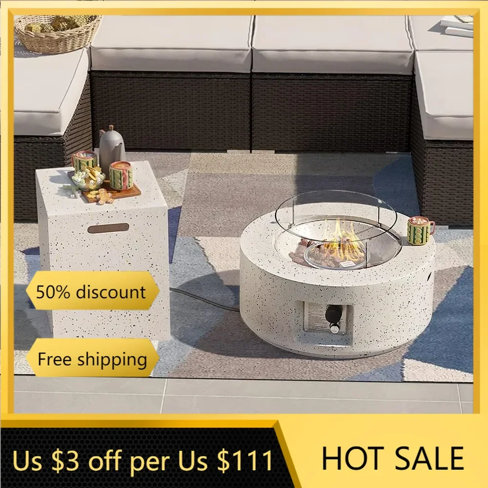 Outdoor 28 Inch Propane Fire Pit Table w Tank Table, 40,000 BTU Spotted White Patio Gas Fire Table w Tempered Glass Wind Guard