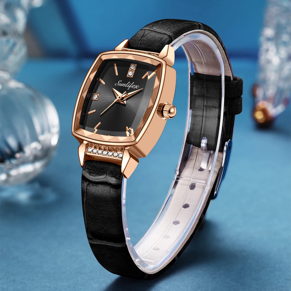 Orologio da donna Sunlifex orologio al quarzo con cinturino in pelle di diamante grazioso originale