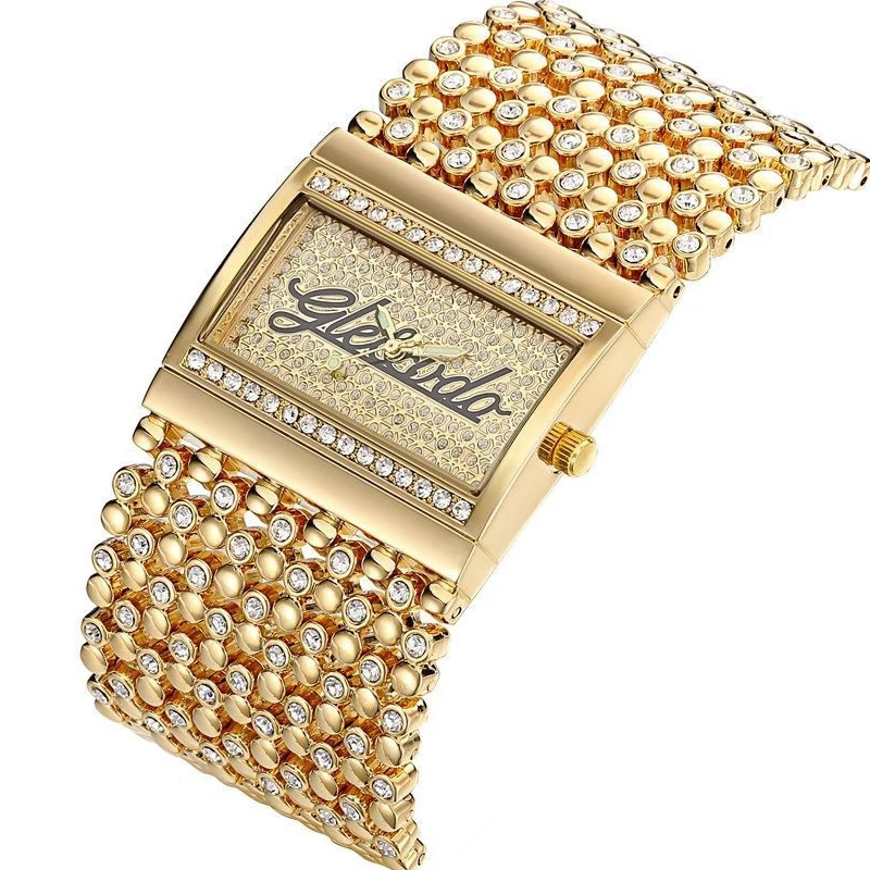 G&D Women's Luxury Gold Watch Crystal Rhinestone Bracelet Rectangular Dial Quartz Bling Fashion Jewelry Ladies Dress Wristwatch