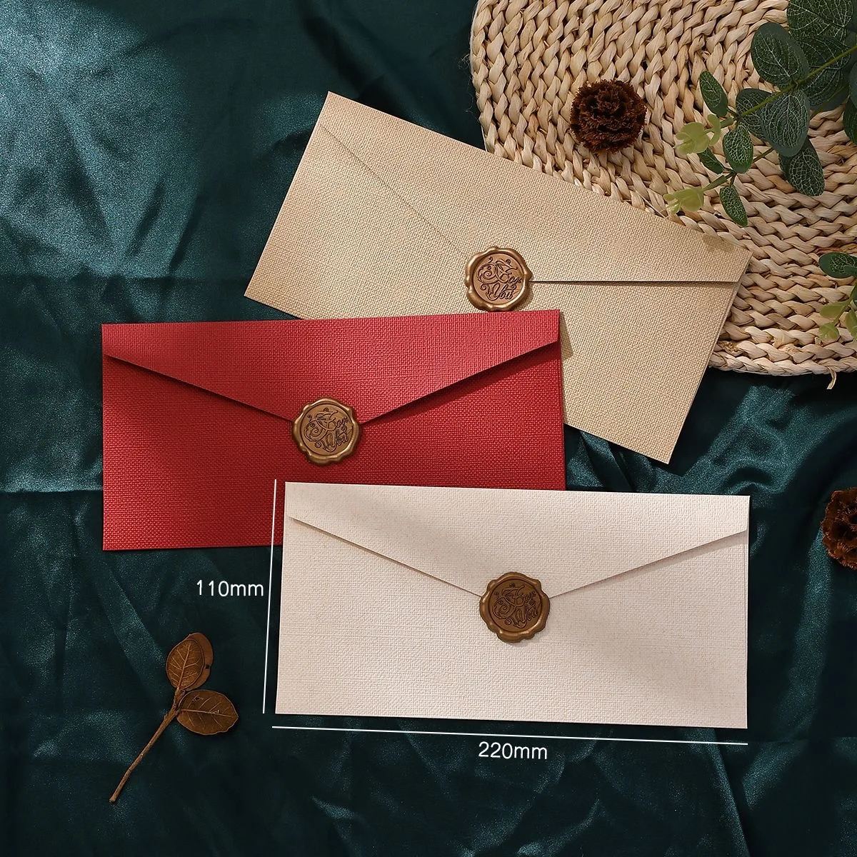 Vintage Linen Texture Envelopes with Wax Seal Set, 22x11cm DL Size Retro Letter Stationery for Wedding Invitation, Greeting Card
