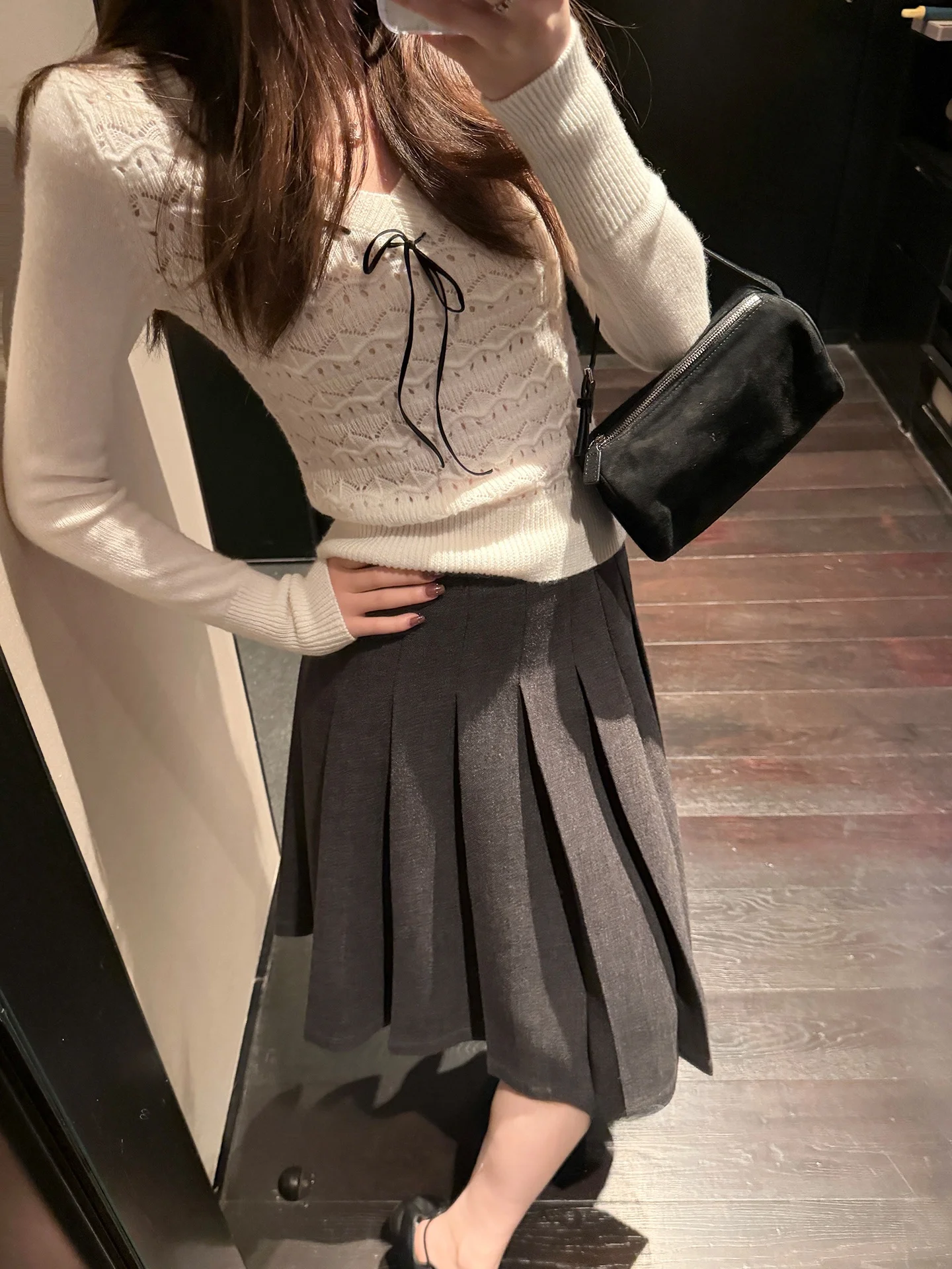 

Romantic Bla Bean Humming A-Line Midi Skirt with Pleats High Waist Slimming Drapey f-length Polyester Blend Casual Skirt