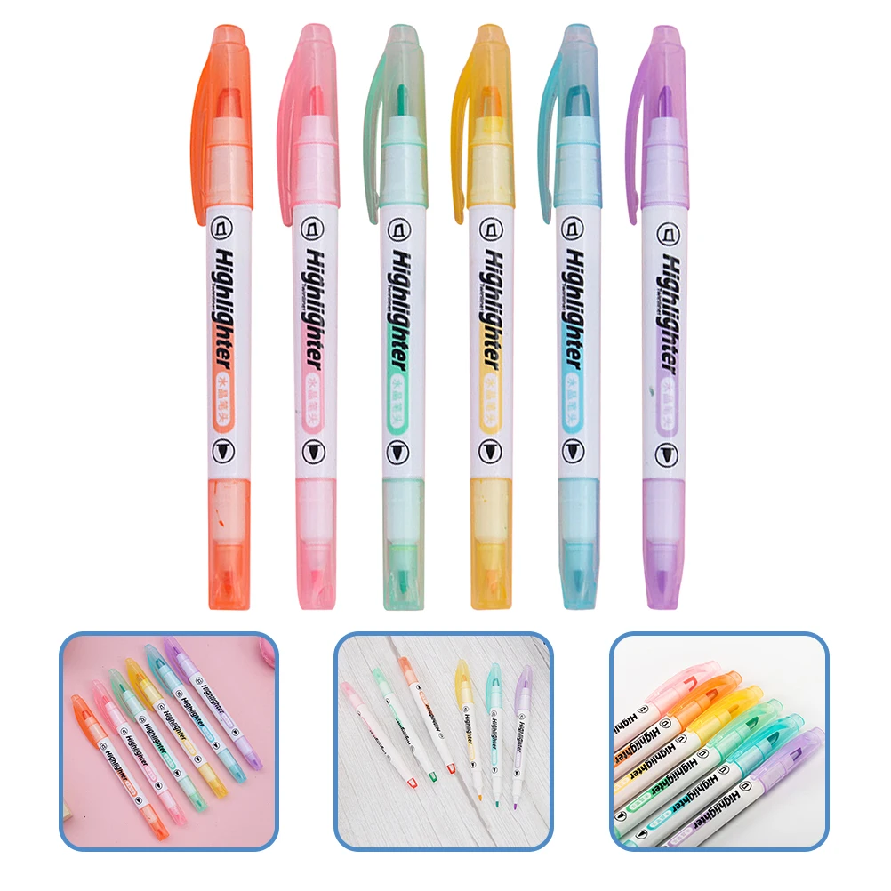 

6 Color Double Ended Highlighters Fashionable Plastic Shell Lightweight Portable School Supplies Marker Pens Students Art Tools